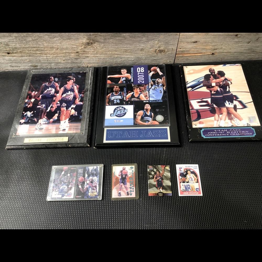 Utah Jazz plaque photos mounted/ old player cards( John Stockton, Karl Malone)